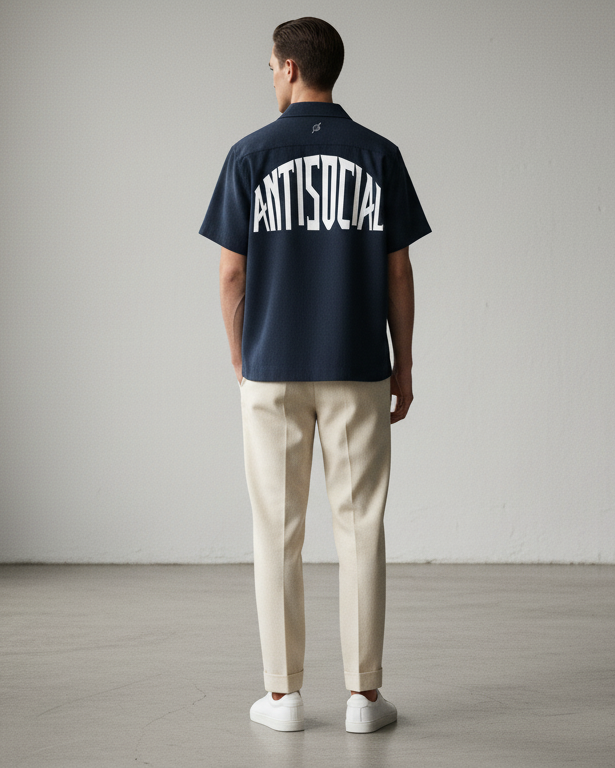 Man wearing a navy blue shirt with 'ANTISOCIAL' printed on the back, standing against a plain background.