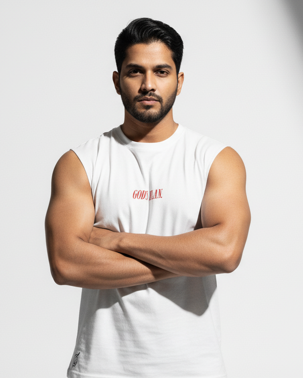 Man wearing a white sleeveless shirt with text on a plain background